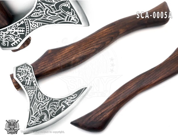Handmade Valhalla Wolf & Vegvisir Axe, Viking Axe,Valentine's Day Gift, Birthday Gift for him with Leather Wrapped Handle and Premium Quality Leather Sheath (SCA-05-A)