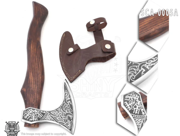 Handmade Valhalla Wolf & Vegvisir Axe, Viking Axe,Valentine's Day Gift, Birthday Gift for him with Leather Wrapped Handle and Premium Quality Leather Sheath (SCA-05-A)