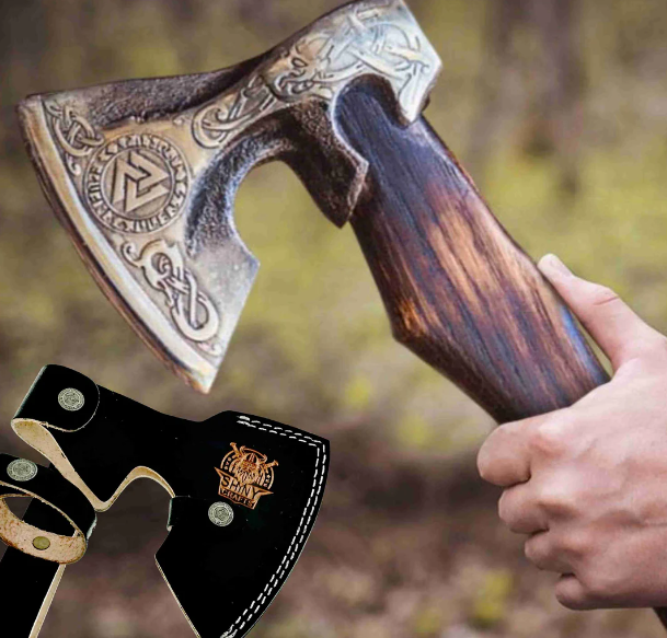 Custom Handmade Valknut Viking Axe,Valentine's Day Gift, Birthday Gift for him, Leather Wrapped Handle and Leather Sheath (VBA-07)
