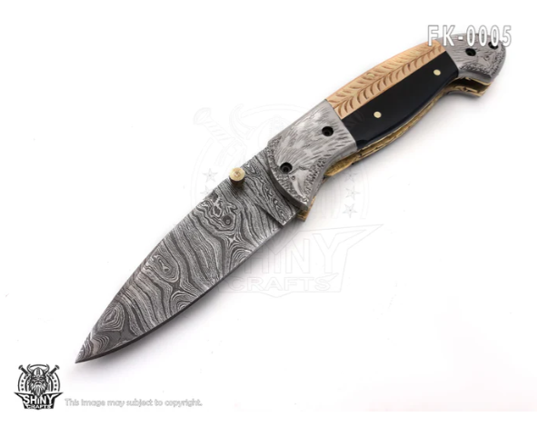 Damascus Pocket knife, Folding knife with liner lock, Camping Knife, Hunting knife with Premium Leather Sheath (FK-05)