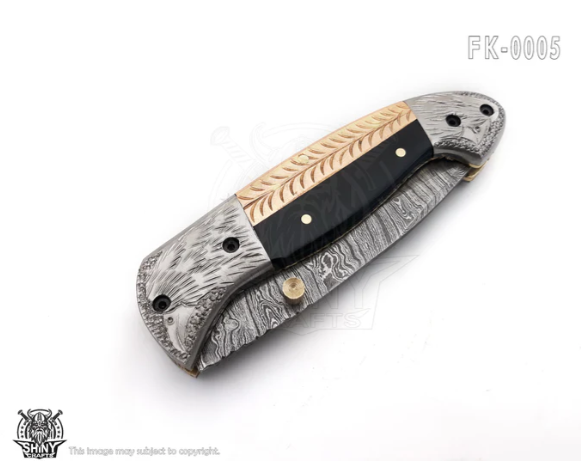 Damascus Pocket knife, Folding knife with liner lock, Camping Knife, Hunting knife with Premium Leather Sheath (FK-05)