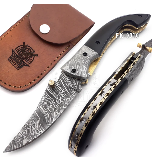 Beautiful Damascus Pocket knife with Damascus Handle & Blade, Folding knife with liner lock, Camping Knife, Hunting knife with Premium Leather Sheath (FK-10)