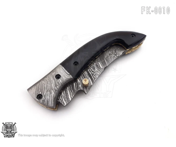 Beautiful Damascus Pocket knife with Damascus Handle & Blade, Folding knife with liner lock, Camping Knife, Hunting knife with Premium Leather Sheath (FK-10)