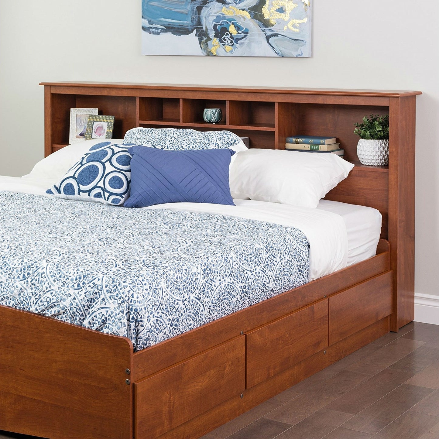 King size Bookcase Headboard Book Shelf in Dark Cherry Wood Finish
