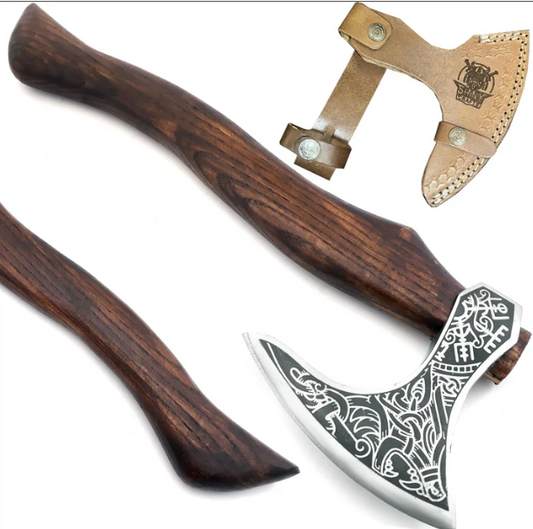 Handmade Valhalla Wolf & Vegvisir Axe, Viking Axe,Valentine's Day Gift, Birthday Gift for him with Leather Wrapped Handle and Premium Quality Leather Sheath (SCA-05-A)