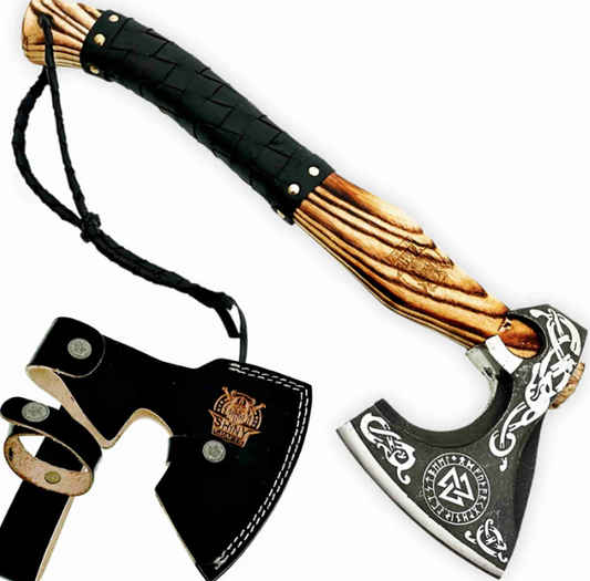 Custom Handmade Valknut Viking Axe,Valentine's Day Gift, Birthday Gift for him, Leather Wrapped Handle and Leather Sheath (VBA-07)
