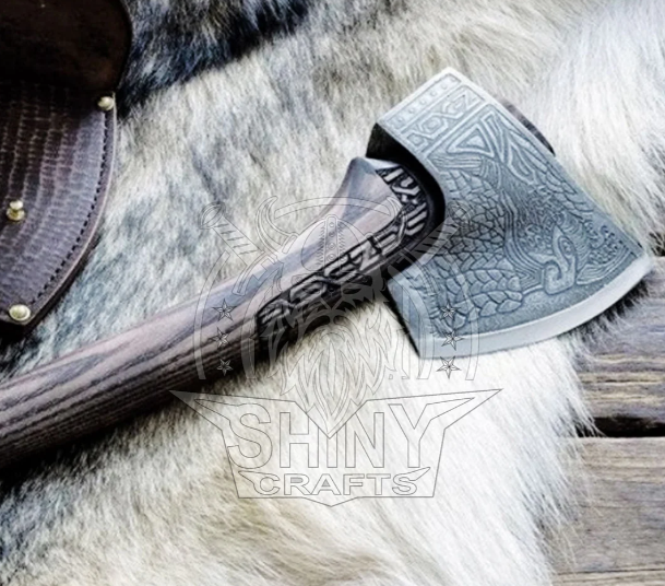 Handmade Forged Carbon Steel Viking Axe, Premium Carved Handle, Skull Etched Axe Head, Genuine Leather Sheath (VBA-09)