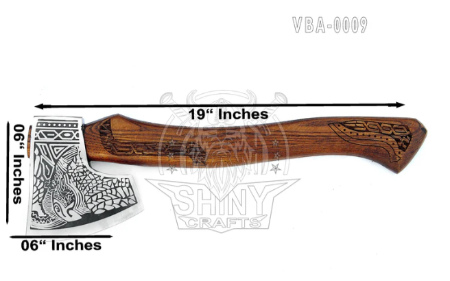 Handmade Forged Carbon Steel Viking Axe, Premium Carved Handle, Skull Etched Axe Head, Genuine Leather Sheath (VBA-09)