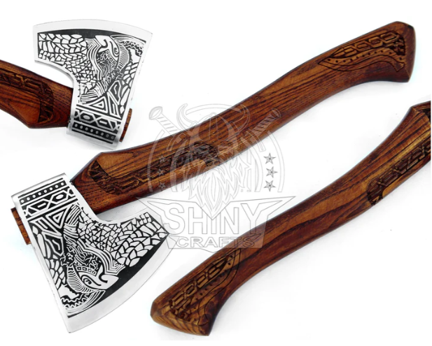 Handmade Forged Carbon Steel Viking Axe, Premium Carved Handle, Skull Etched Axe Head, Genuine Leather Sheath (VBA-09)