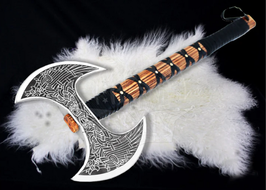 Camping Axe Tomahawk Viking Bearded Axe Christmas gifts-27 Long Odin's Double Edge Head Viking Axe Twin Blade Axe with Ash Wood Handle with Genuine Leather Sheath (VBA 13)