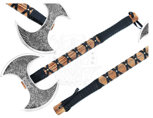 Camping Axe Tomahawk Viking Bearded Axe Christmas gifts-27 Long Odin's Double Edge Head Viking Axe Twin Blade Axe with Ash Wood Handle with Genuine Leather Sheath (VBA 13)