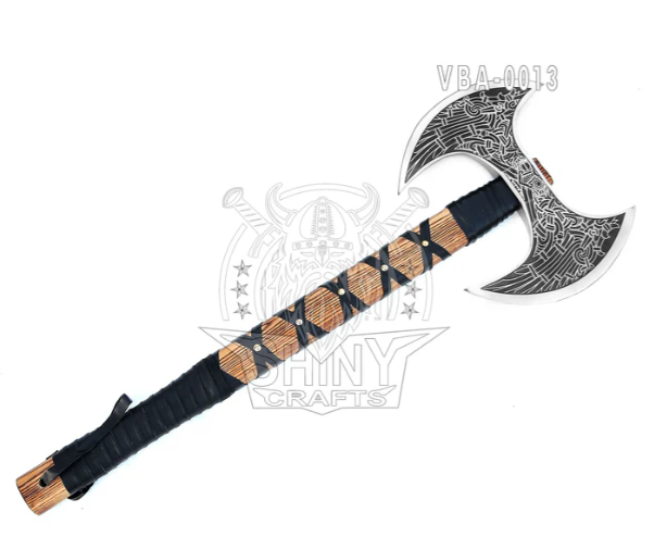 Camping Axe Tomahawk Viking Bearded Axe Christmas gifts-27 Long Odin's Double Edge Head Viking Axe Twin Blade Axe with Ash Wood Handle with Genuine Leather Sheath (VBA 13)