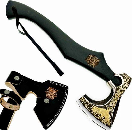 19" Axes Handmade Viking Axe Hatchet Norse Battle Axe-Carbon Steel Head and Golden Flying Eagle Design, Ash Wood Handle Viking Gifts for Men with Premium Quality Leather Sheath (SCA 20)