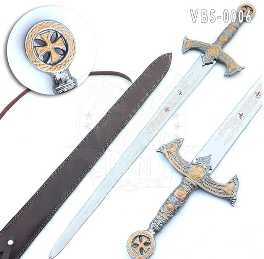 Viking Sword, Templar Knights Sword, Atlantean Sword, Hunting Sword, Medieval Crusader Sword, Knights Templar Sword with Premium Leather Scabbard (VBS-0006)