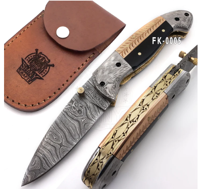 Damascus Pocket knife, Folding knife with liner lock, Camping Knife, Hunting knife with Premium Leather Sheath (FK-05)