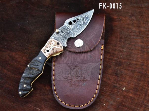 Beautiful Damascus Pocket knife with Damascus Handle & Blade, Folding knife with liner lock, Camping Knife, Hunting knife with Premium Leather Sheath (FK-15)
