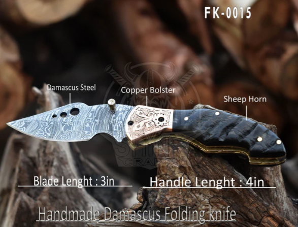 Beautiful Damascus Pocket knife with Damascus Handle & Blade, Folding knife with liner lock, Camping Knife, Hunting knife with Premium Leather Sheath (FK-15)