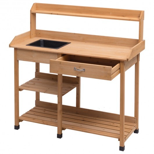 Outdoor Lawn Patio Potting Bench Storage Table Shelf - Color: Natural