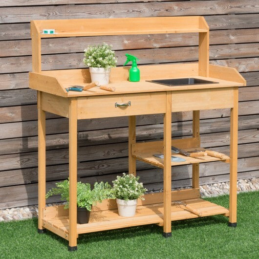 Outdoor Lawn Patio Potting Bench Storage Table Shelf - Color: Natural