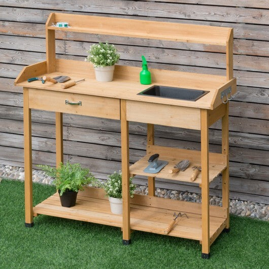 Outdoor Lawn Patio Potting Bench Storage Table Shelf - Color: Natural