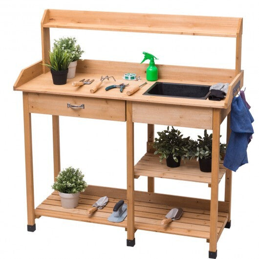 Outdoor Lawn Patio Potting Bench Storage Table Shelf - Color: Natural