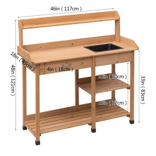 Outdoor Lawn Patio Potting Bench Storage Table Shelf - Color: Natural