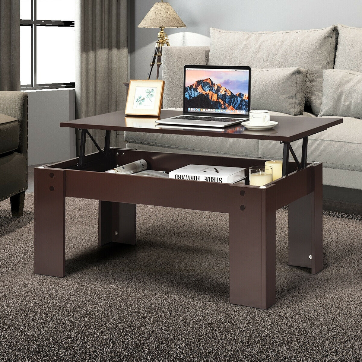 Lift Top Coffee Pop-UP Cocktail Table-Brown - Color: Brown