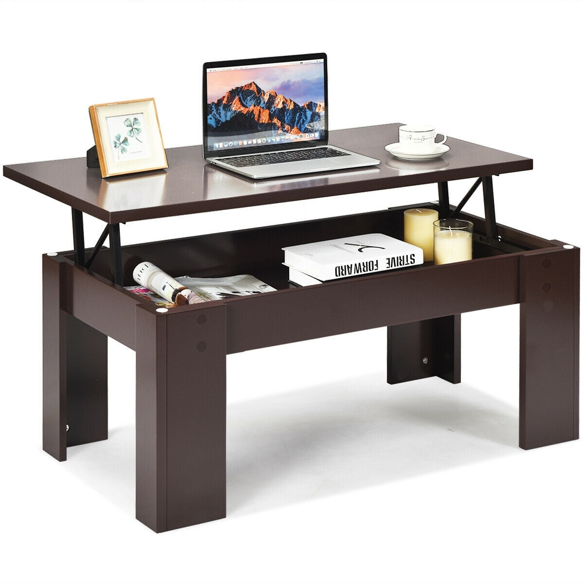 Lift Top Coffee Pop-UP Cocktail Table-Brown - Color: Brown