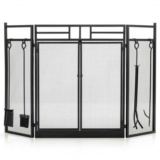 3-Panel Folding Wrought Iron Fireplace Screen with Doors and 4 Pieces Tools Set-Black - Color: Black