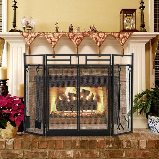 3-Panel Folding Wrought Iron Fireplace Screen with Doors and 4 Pieces Tools Set-Black - Color: Black