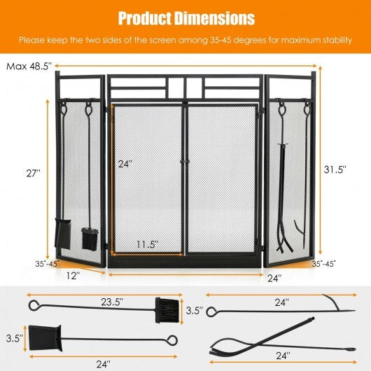 3-Panel Folding Wrought Iron Fireplace Screen with Doors and 4 Pieces Tools Set-Black - Color: Black